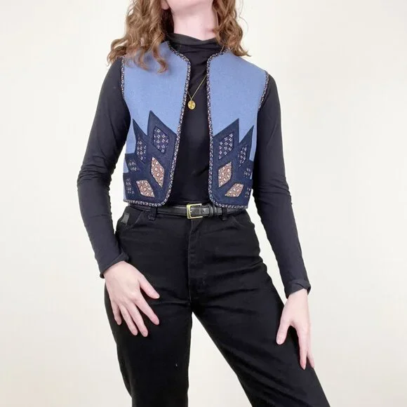 Vintage Handmade Cropped Vest Scandinavian Nordic Floral Print Crop Quilted Boho - Picture 4 of 6